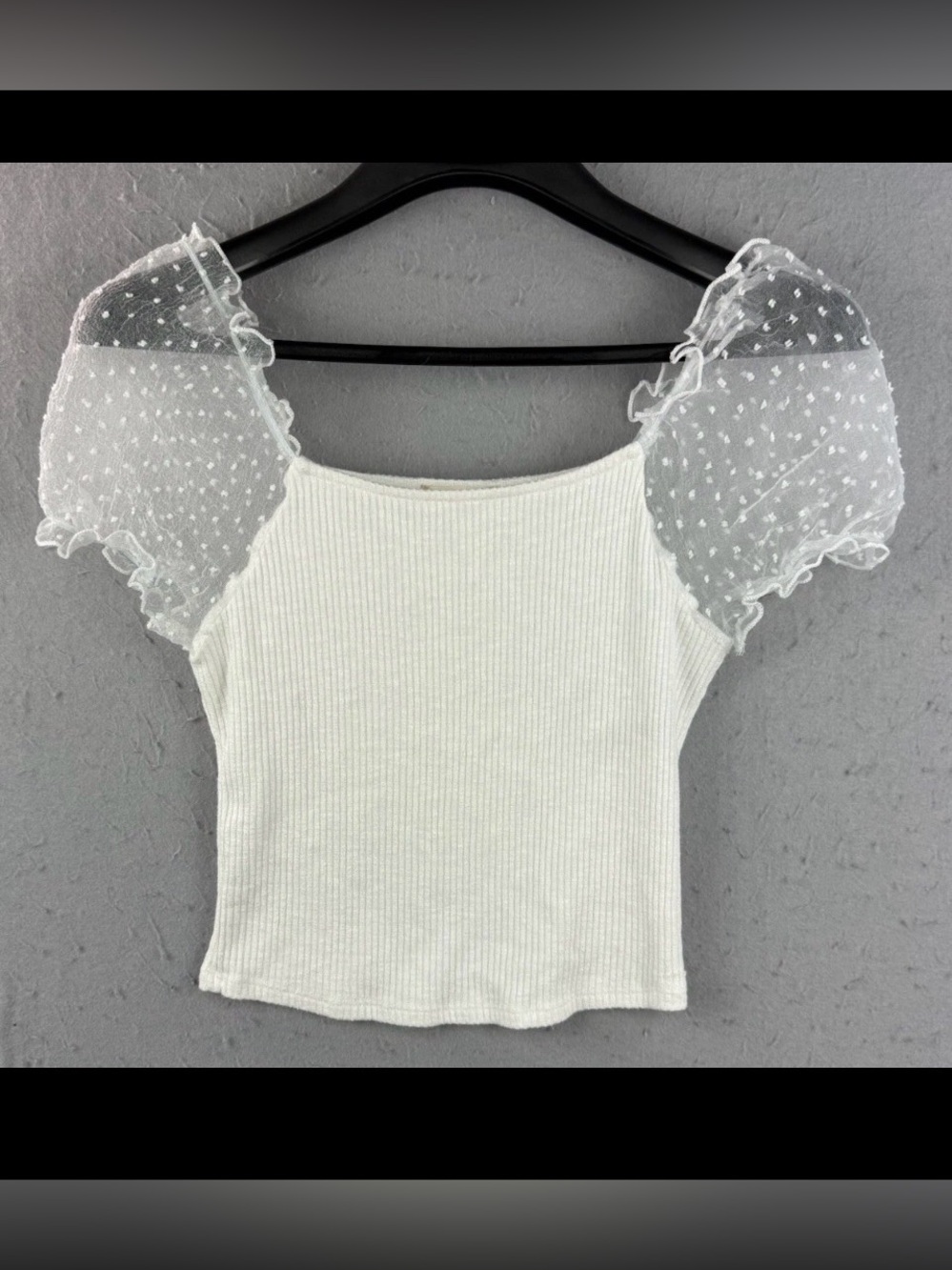 Altar'd State White Ribbed Crop Top with Sheer Dotted Puff Sleeves